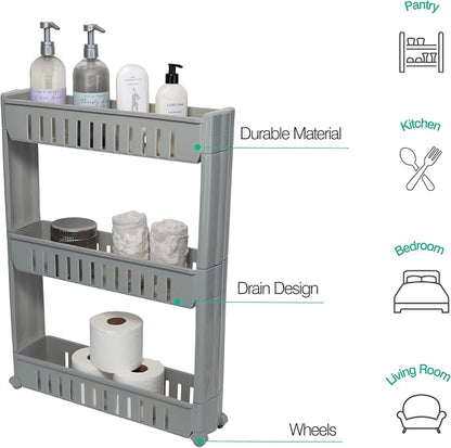 Simplify 3 Tier Slim Slide Out Storage Cart | Multi-Purpose Organization | Rolling | Wheels | Small Space | Laundry Room | Kitchen | Bathroom | Office | Grey