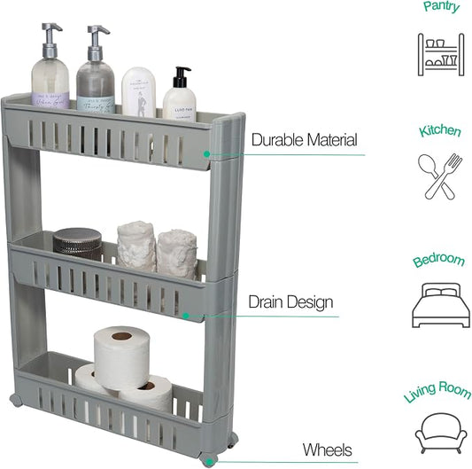 Simplify 3 Tier Slim Slide Out Storage Cart | Multi-Purpose Organization | Rolling | Wheels | Small Space | Laundry Room | Kitchen | Bathroom | Office | Grey
