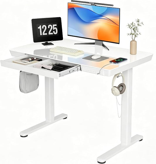 INNOVAR 40" Small Glass Standing Desk with Drawers & USB Ports, Whole-Piece Glass Top Adjustable Height Desks, Quick-Install Electric Sit-Stand Up Desk for Home Office & Computer Workstation, White