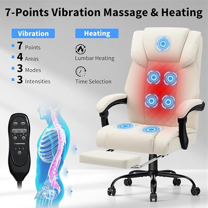 HOFFREE 7 Points Vibration Massage Office Chair with Heat Ergonomic Executive Office Chair with Footrest Reclining Home Office Desk Chairs Beige