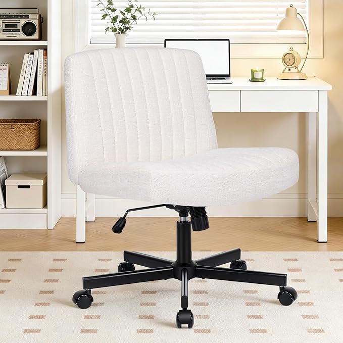 Convertible Base Criss Cross Office Chair with Pocket Springs & Thicker and Wider Cushions, Armless Criss Cross Chair Relieves Back Pain, Swivel Vanity Chair for Living Room/Office, White