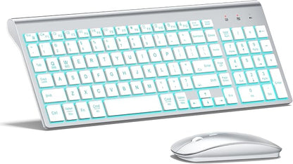 Wireless Backlit Keyboard and Mouse Ultra Slim Combo, TopMate 2.4G Silent Compact 2400DPI Mouse and Scissor Switch Keyboard Set, Batteries Included, for PC/Laptop/Windows/Mac/Gaming - BL Silver White