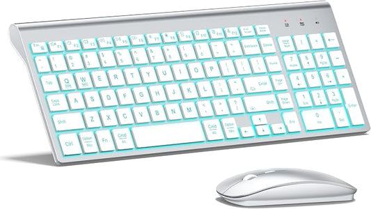 Wireless Backlit Keyboard and Mouse Ultra Slim Combo, TopMate 2.4G Silent Compact 2400DPI Mouse and Scissor Switch Keyboard Set, Batteries Included, for PC/Laptop/Windows/Mac/Gaming - BL Silver White