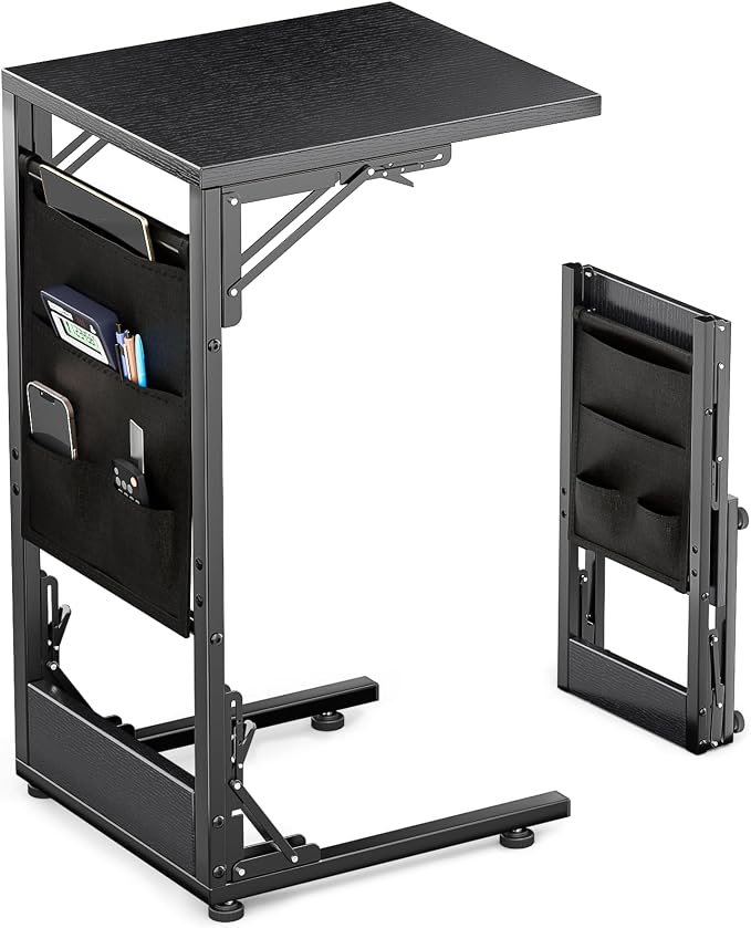 Folding C Shaped End Table, Small Folding Side Table with Storage Bag, Portable TV Tray for Couch, Sofa, Bed, Black