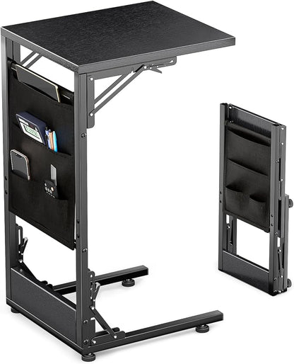 Folding C Shaped End Table, Small Folding Side Table with Storage Bag, Portable TV Tray for Couch, Sofa, Bed, Black