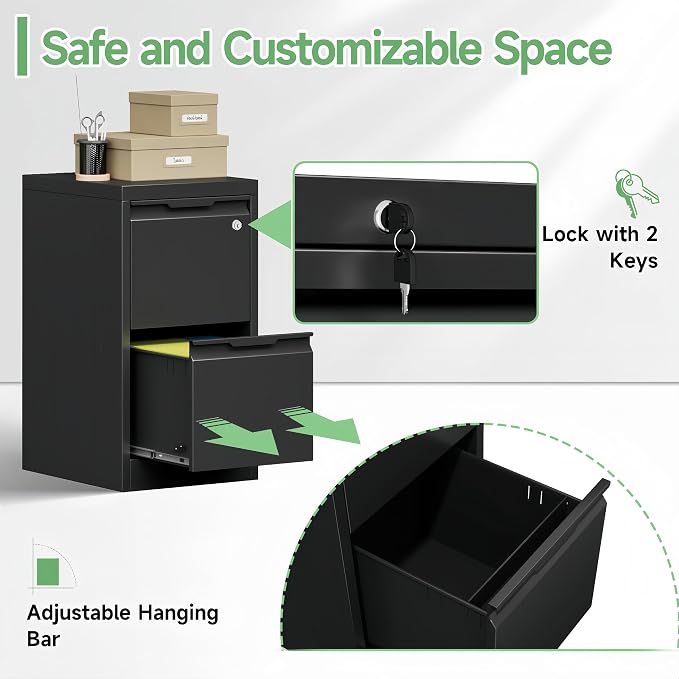2 Drawer File Cabinet with Lock,Filing Cabinets for Home Office,Metal Small File Cabinet for Letters/Legal/A4 Size, Assembly Required,Black 2 Drawer