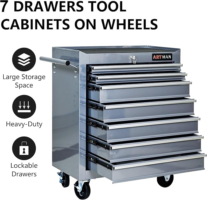 RYH 7 Drawers Rolling Tool Chest & Tool Box on Wheels | Heavy Duty Metal Cart with Ball Bearing Drawers | Fits US General Tool Box for Garage Storage (Silver, 7 Drawers（29.9" H × 24.2" W × 12.9" D)