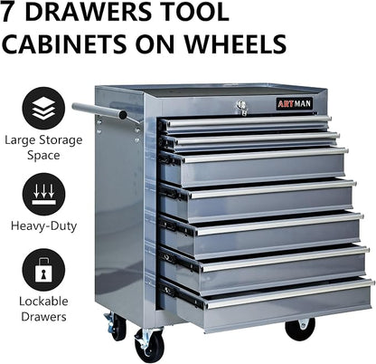 RYH 7 Drawers Rolling Tool Chest & Tool Box on Wheels | Heavy Duty Metal Cart with Ball Bearing Drawers | Fits US General Tool Box for Garage Storage (Silver, 7 Drawers（29.9" H × 24.2" W × 12.9" D)