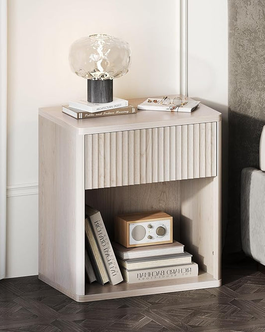 WLIVE Night Stand, Wood Nightstand with Storage Drawer and Open Shelf, Fluted Bedroom Nighstand, Mid Century Bed Side Table, End Tables Living Room, Dorm, Home Office, White Alder