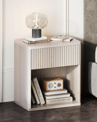 WLIVE Night Stand Set of 2, Wood Nightstand Sets with Storage Drawer and Open Shelf, Fluted Bedroom Nighstands, Mid Century Bed Side Table, End Tables Living Room, Dorm, Home Office, White Alder