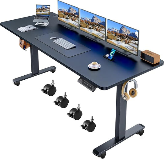 Electric Adjustable Standing Desk with Wheels, 63'' x 24'' Sit Stand with Dual Crossbeam Structure and Mouse Pad, 27''-46'' Lifting Range (Black)