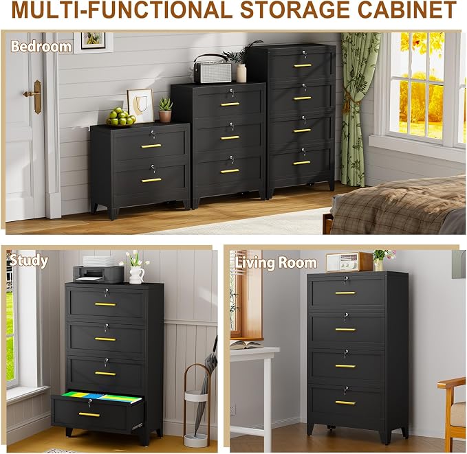 Metal Lateral File Cabinet with Lock,4 Drawer Steel Wide Filing Organization Storage Cabinets for Legal/Letter/A4/F4 Size with Hanging Files&Key,Lockable Printer Stand for Home Office, Black