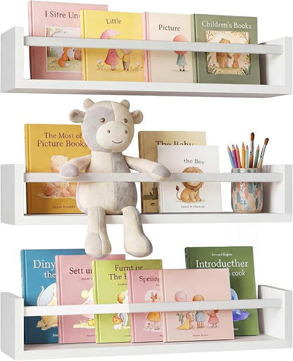Fixwal Floating Bookshelves for Wall, 16.5 Inch Wood Nursery Book Shelves Set of 3, Baby Kids Decor, Solid Wood Wall Mounted Shelves for Books, Toys and Decor Storage (White)