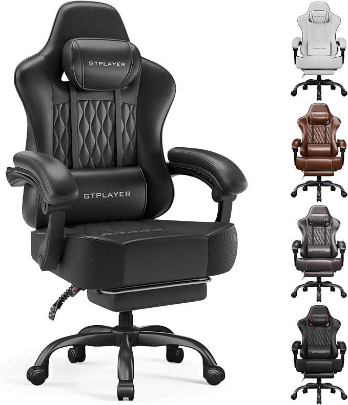 GTPLAYER Gaming Chair, Computer Office Chair with Pocket Spring Cushion, Linkage Armrests, Comfortable Leather Computer Chair, Black