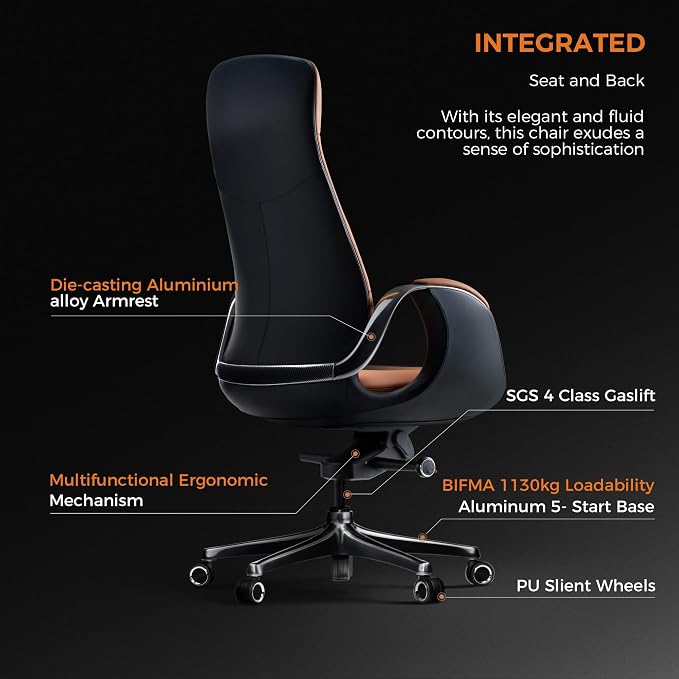 TOMU Top Grain Genuine Leather Executive Office Chair Brown, Luxury Office Chair with Aluminum Sturdy Base, High Back Ergonomic Boss Chair for Long Hours, Reclining and Rolling smoothly, (Brown)