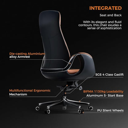 TOMU Top Grain Genuine Leather Executive Office Chair Brown, Luxury Office Chair with Aluminum Sturdy Base, High Back Ergonomic Boss Chair for Long Hours, Reclining and Rolling smoothly, (Brown)
