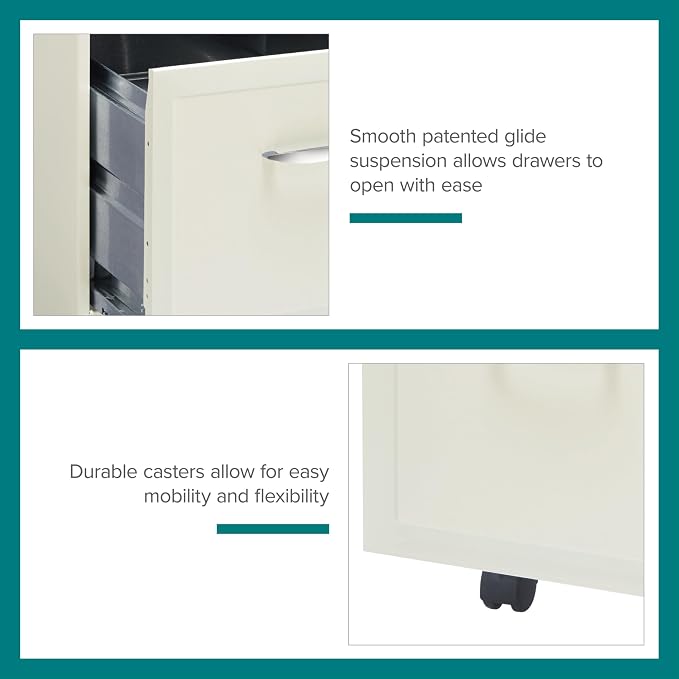 Space Solutions - 2 Drawer Fully Assembled Vertical Steel File Cabinet, Home & Small Office Use, Fits Under Most Desks, Letter-Size, Lock, Mobile, Pearl White