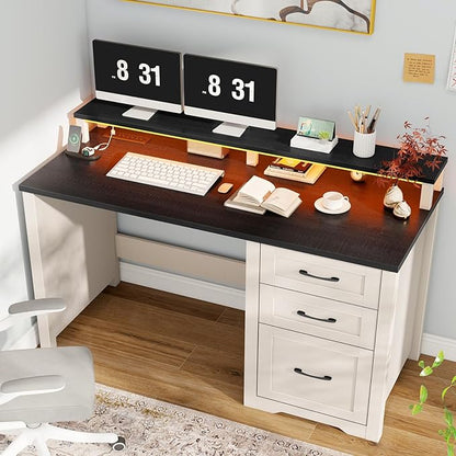 Vabches 47" Farmhouse Executive Desk with Monitor Stand & File Cabinet,3 Drawers Computer Desk with LED Lights and Power Outlets,Workstation for Home Office, Study,Writing,Black