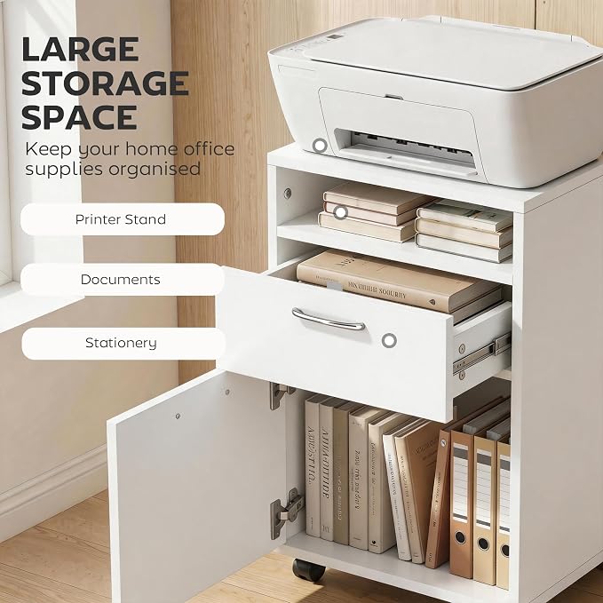 HOMCOM Mobile Storage Cabinet Organizer with Drawer and Cabinet, Printer Stand with Castors, White