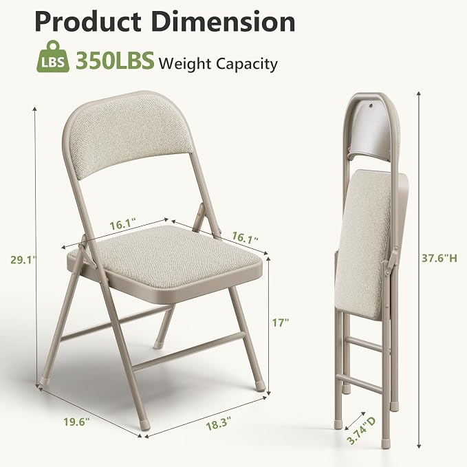 8 Pack Folding Chairs, Fabric Padded Folding Dining Chairs with Cushion Seat & Back, Indoor Outdoor Folding Chair Set for Home Office, Parties, Events, Wedding, Extra Guest Seating