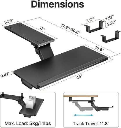 PEGZONE Keyboard Tray Under Desk Slide Out, 25 x 11 inch, Black | with Storage Drawer, Height Adjustable Swivel Tilt, Ergonomic Under Desk Mount Keyboard & Mouse Holder for Gaming Home Office