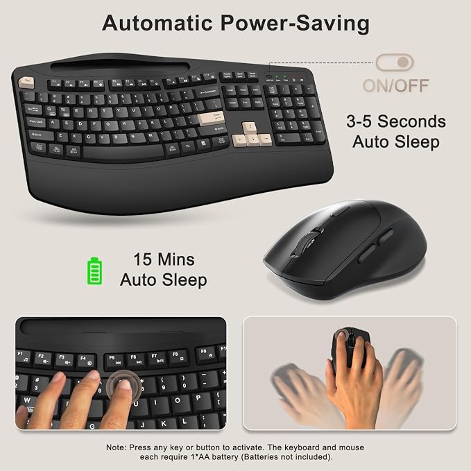 Wireless Keyboard and Mouse Combo, 2.4G Full Size Wave Keys Ergonomic Keyboard with Wrist Rest, Phone Holder, 3-Level DPI Wireless Silent Mouse with 6-Buttons, for Windows (Latte Black)