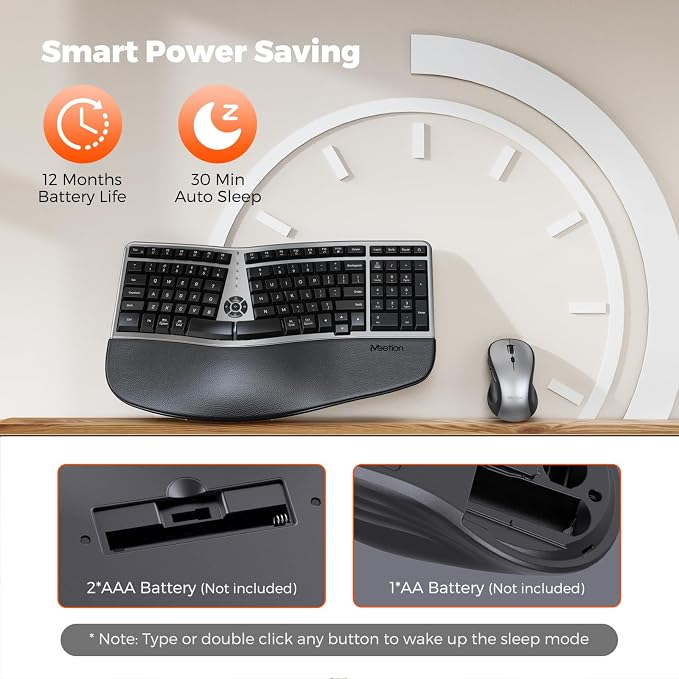 MEETION Ergonomic Wireless Keyboard and Mouse Combo, 2.4G Curved Compact Keyboard with Cushioned Palm Rest, 4 Level DPI Adjustable Wireless Mouse, for Windows/Mac/Desktop/Laptop/PC, Gray Black