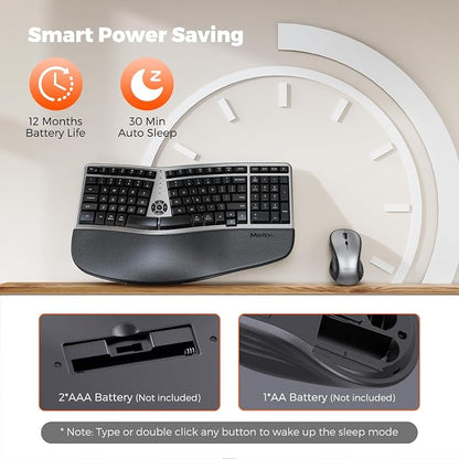 MEETION Ergonomic Wireless Keyboard and Mouse Combo, 2.4G Curved Compact Keyboard with Cushioned Palm Rest, 4 Level DPI Adjustable Wireless Mouse, for Windows/Mac/Desktop/Laptop/PC, Gray Black