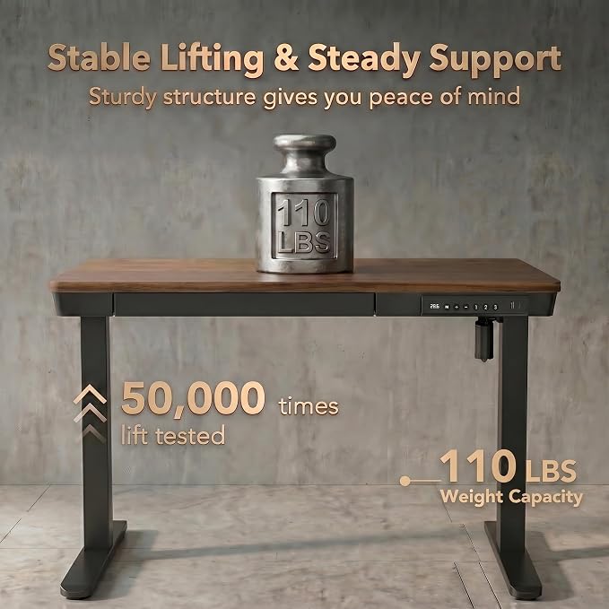 HUANUO 35 X 20 Inch Standing Desk with Drawers, Electric Adjustable Height Desk, Quick Install One-Piece Tabletop with USB Charging Ports, Sit to Stand Up Desk for Home Office, Black Walnut