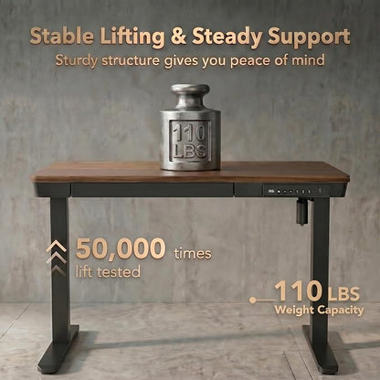 HUANUO 40 X 24 Inch Standing Desk with Drawers, Electric Adjustable Height Desk, Quick Install One-Piece Tabletop with USB Charging Ports, Sit to Stand Up Desk for Home Office, Black Walnut