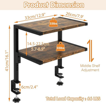 IBUYKE Clamp on Desk Organizer Shelf,12.9 inches Desk Extender Shelves, Above or Below Desk 2-Tier Adjustable Storage Shelves for Desktop Accessories,Rustic Brown,TMZ007H