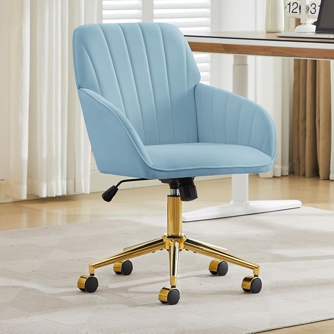 YITAI Velvet Office Desk Armchairs with Gold Base and Wheels,Modern Height Adjustable 360 Degree Swivel Upholstered Vanity Chairs for Living/Room Bedroom/Study,Light Blue