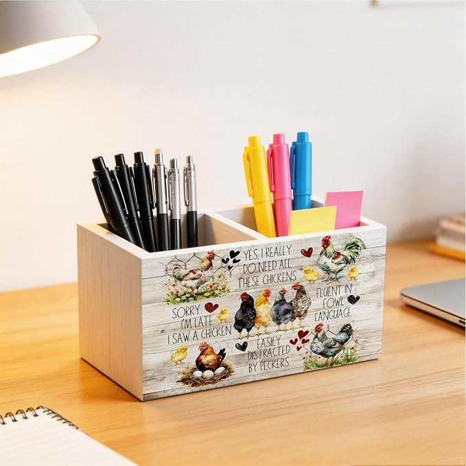 Funny Rustic Chicken Pen Holder for Desk, Chicken Lovers Mom Lady Gifts Wooden Box Sign Desk Decor for Home Office Decoration, Farmhouse Hen Rooster Pencil Organizer