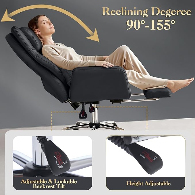 High Back Executive Office Chair with Footrest, Reclining PU Leather, Lumbar Support, Criss Cross Style, 155° Recline, Black (Black)