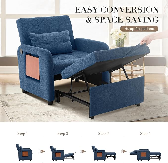 Convertible Sleeper Chair-Fabric Futon Sofa Bed, Single Sleeper Sofa, Small Couch Bed with USB Port, Foldable Table, Pillow, Adjustable Backrest for Dorm/Bedroom/College Blue