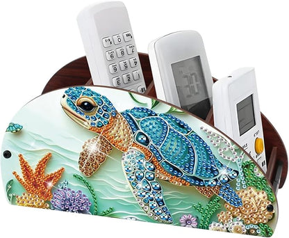 DIY Diamond Painting Storage Box, Sea Turtle Design 5D Rhinestone Diamond Art Case Multi-Compartment Wooden Tabletop Organizer for TV AC Remotes Makeup Brushes Pens Desktop Craft Storage