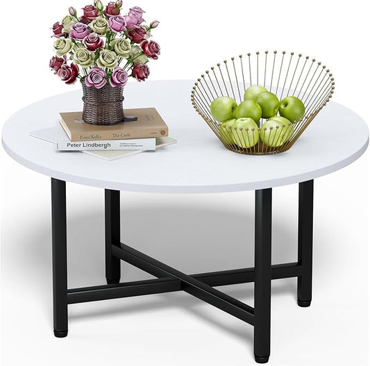 FAMIDGE Coffee Table, 23.6" Coffee Tables for Living Room, Round Coffee Table with Metal Frame, Floor Table for Sitting on The Floor, Home, Office, White