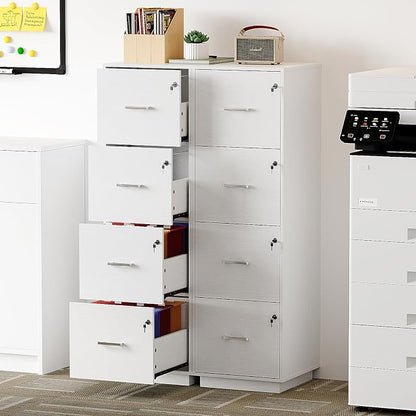 VINGLI 4 Drawer File Cabinet with Lock, Home Office Filing Organizer, for Letter Size File Folder Storage, Wood Tall Vertical Filing Cabinet, Printer Stand, Archivador (White)