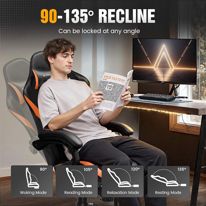 GTPLAYER Gaming Chair with Pocket Spring Cushion, Leather Office Chair with Ergonomic High Back & Lumbar Support for Back Pain Relief, Computer Game Chair for Adults, Orange