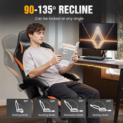 GTPLAYER Gaming Chair with Pocket Spring Cushion, Leather Office Chair with Ergonomic High Back & Lumbar Support for Back Pain Relief, Computer Game Chair for Adults, Orange