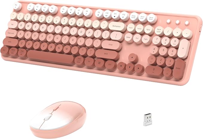 Links9+ Wireless Keyboard and Mouse, Full-Size Retro Typewriter Keyboard with Round Keycaps, 2.4GHz for Windows, Mac, Laptop, PC, Desktop (Peach Gradient)
