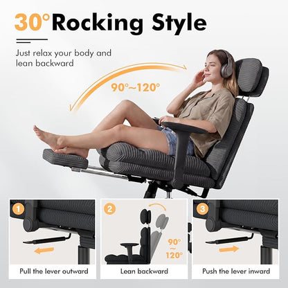 GXJ Criss Cross Legged Office Chair with Flip-up Arms, Footrest, G800 Plus | 6.3" Cushion Relieves Tailbone Pain, Head-Lumbar Support Eases Fatigue, Smooth Rolling Wheels, Corduroy Desk Seating, Black
