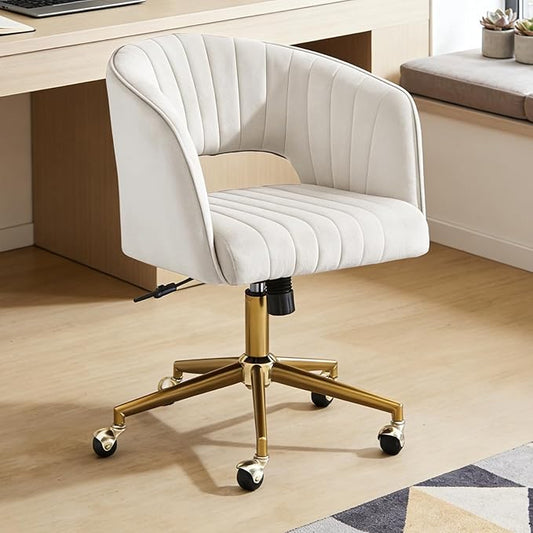 Home Office Desk Chair, Vanity Chair with Back 360 Swivel Armchair and Gold Base, Velvet Criss Cross Chair with Wheels for Vanity Home Office, Living Room, Bedroom and Study (Beige)