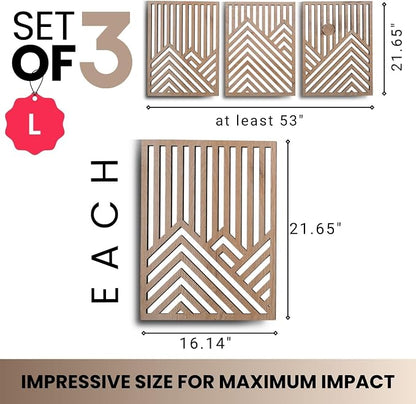 qmmp Modern Wooden Wall Sculptures - Set of 3 - Home Decor Accent - Large Wall Art for Living Room, Bedroom, Office - Easy Installation (Oak, Large - Mountain and Sun)