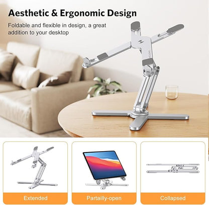 OMOTON LA10 360° Rotating Laptop Stand Riser for Desk, Ergonomic Foldable Computer Stand Adjustable Height Angles for Collaborative Work, Easy Storage Fit Macbooks,All Laptops up to 16 inches, Silver