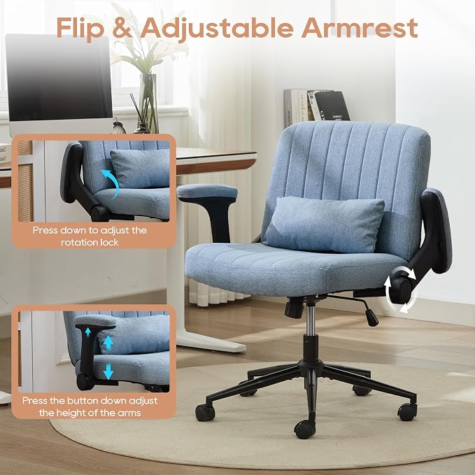 IPKIG Criss Cross Chair with Adjustable Flip-up Arms, Vanity Chair with Wheels, Comfy Desk Chair with Lumbar Pillow Swivel Wide Office Chair for Home Office, Bedroom, Linen, Blue