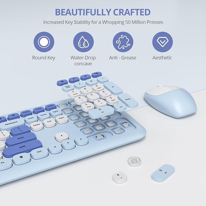 surmen Blue Keyboard and Mouse Wireless, Cute Wireless Typewriter, Full Size Slim Silent Keyboard Round Keys Aesthetic for Home and Office(Colorful Blue)