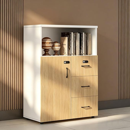 File Cabinet with Password Lock, Wood Lateral Filing Cabinet for Letter/A4 Files, 3 Drawer with Door, Printer Stand with Open Shelves for Home Office
