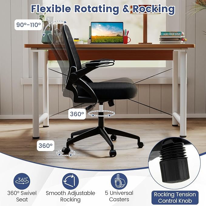 COSTWAY Office Chair, Comfy Swivel Rolling Desk Chair with Adjustable Height & Flip-Up Armrests, Ergonomic Mesh Computer Chairs with Lumbar Support for Working & Gaming (Black)