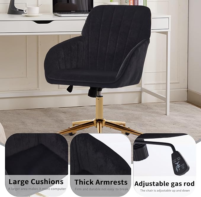 YITAI Velvet Office Desk Chair with Wheels and Gold Base,Modern Height Adjustable 360 Degree Swivel Upholstered Vanity Chairs with Arms for Living Room Bedroom, Study,Black